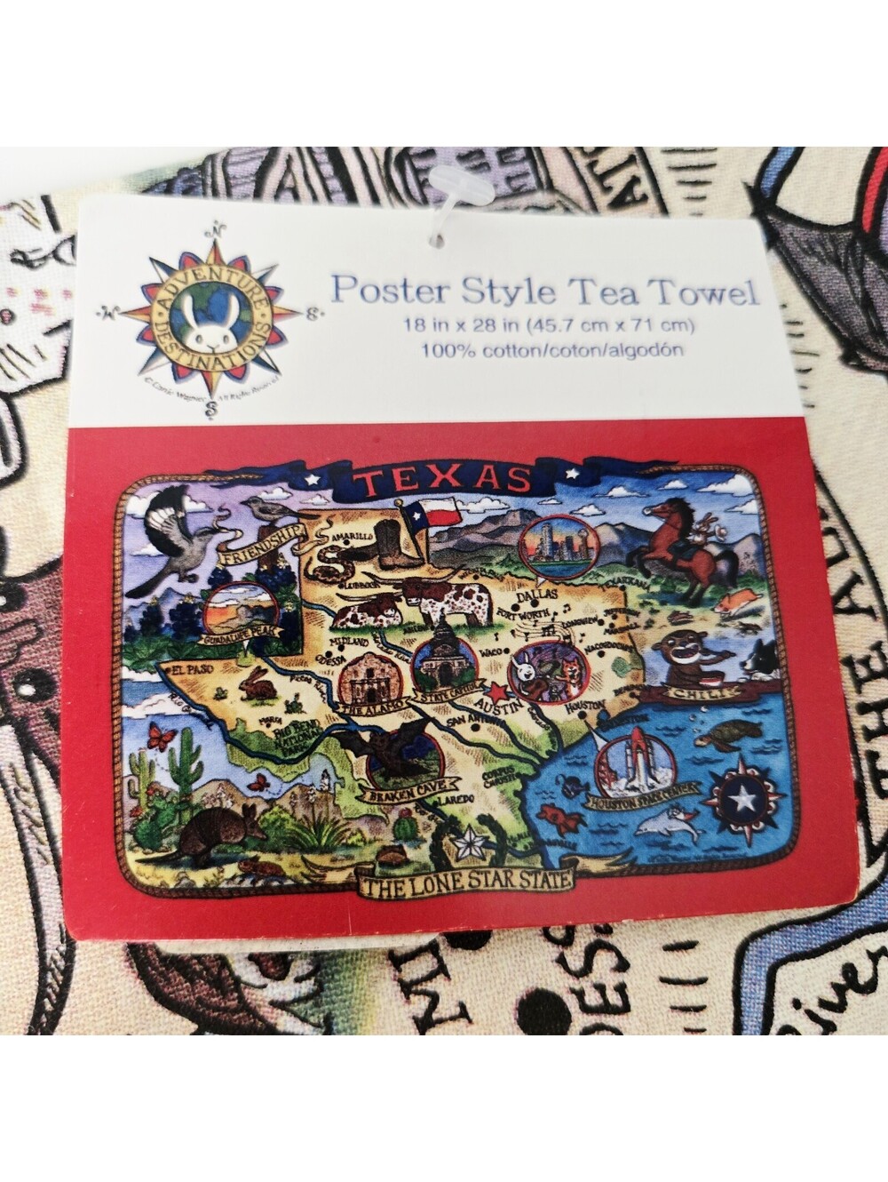 Texas State Map Souvenir Tea Towel Adventure Destinations NWT